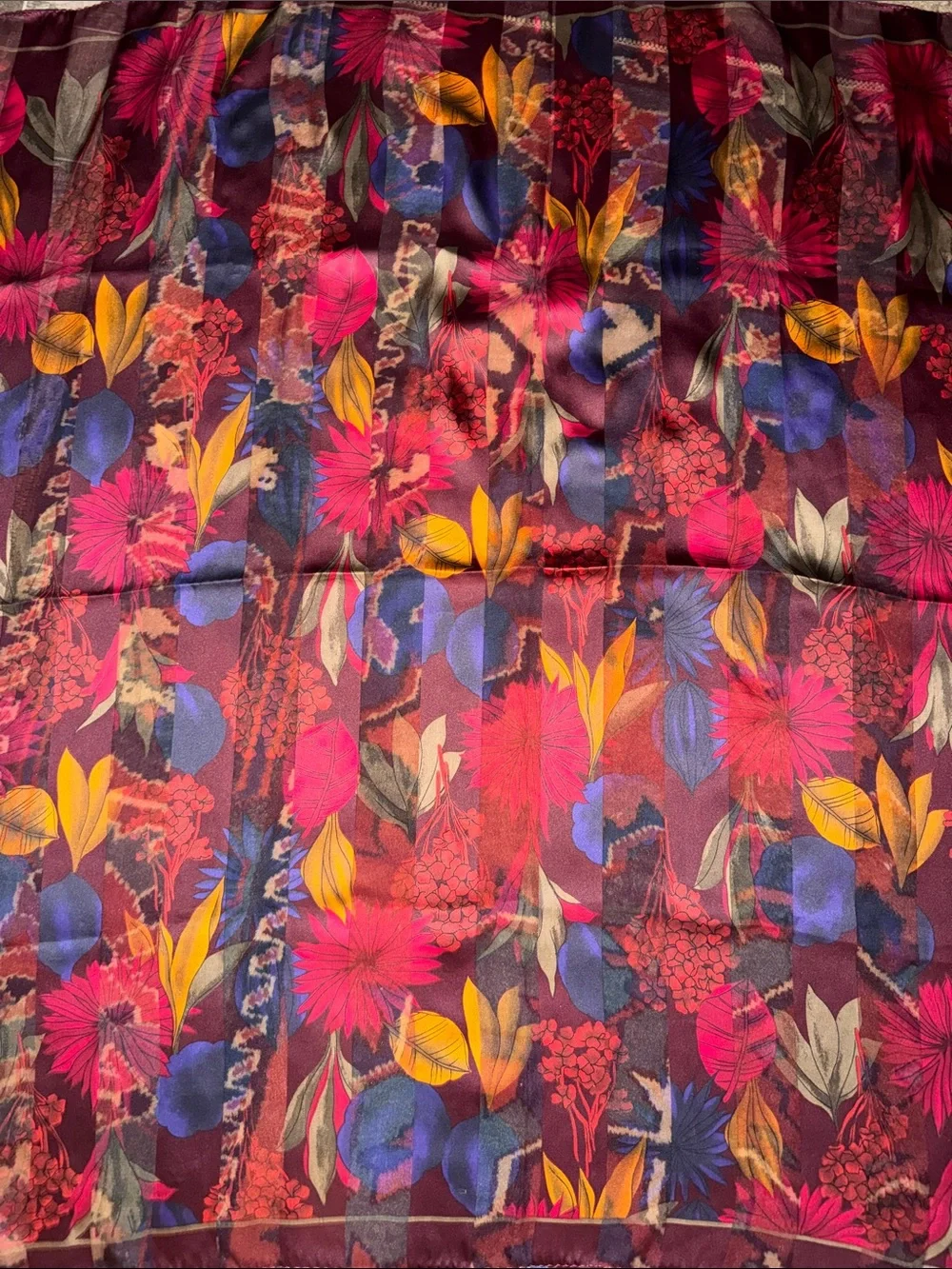 VTG Elaine Gold Floral Striped Silk Chiffon Scarf Jewel Tone Pink Purple